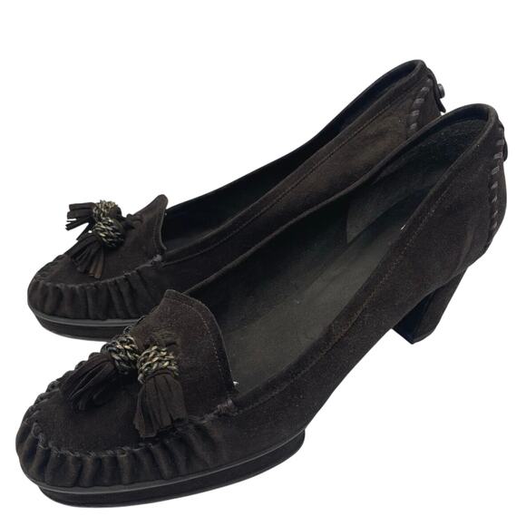 Stuart Weitzman Brown Suede 3” Heel Loafer tassels size 10 Made in Brazil - Picture 1 of 8